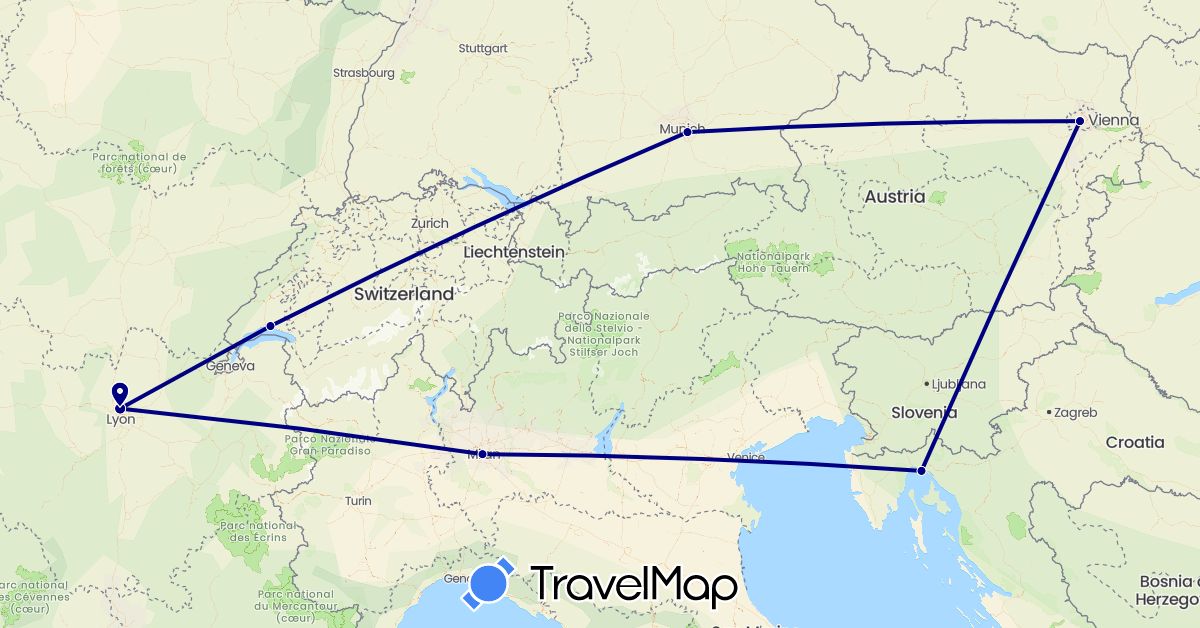 TravelMap itinerary: driving in Austria, Switzerland, Germany, France, Croatia, Italy (Europe)